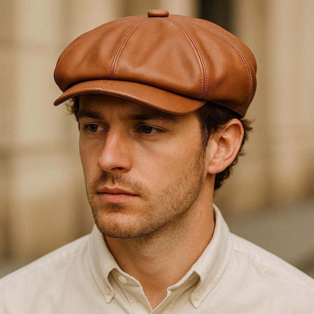 Brown Faux Leather Newsboy Cap Classic Timeless Historical Moden Sleek